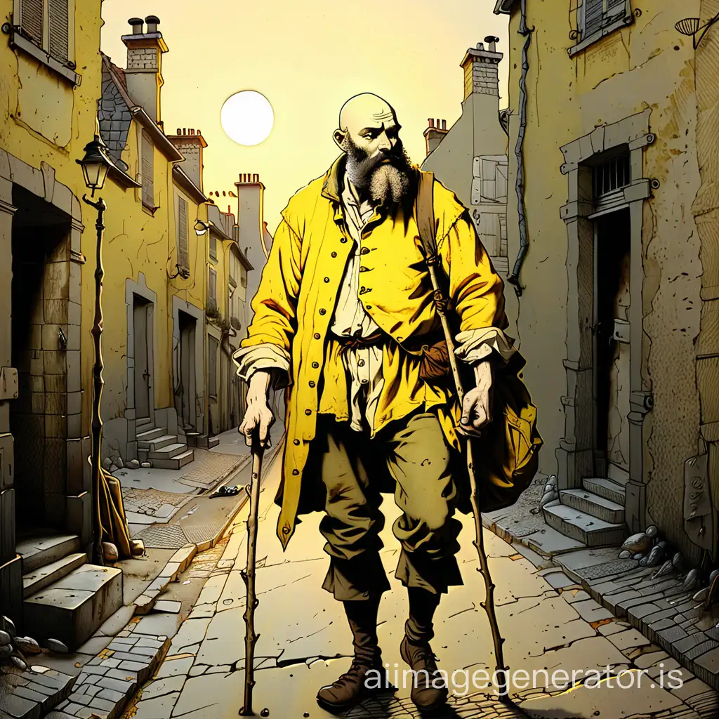 un homme de  40 ans chauve, barbu, d'un mètre soixante dix, tenant un bâton à la main, portant une gibecière, une chemise jaune et une veste rapiécée. Il marche dans une rue de Digne au coucher du soleil en 1815. Dessin dans le style de Gustave Doré