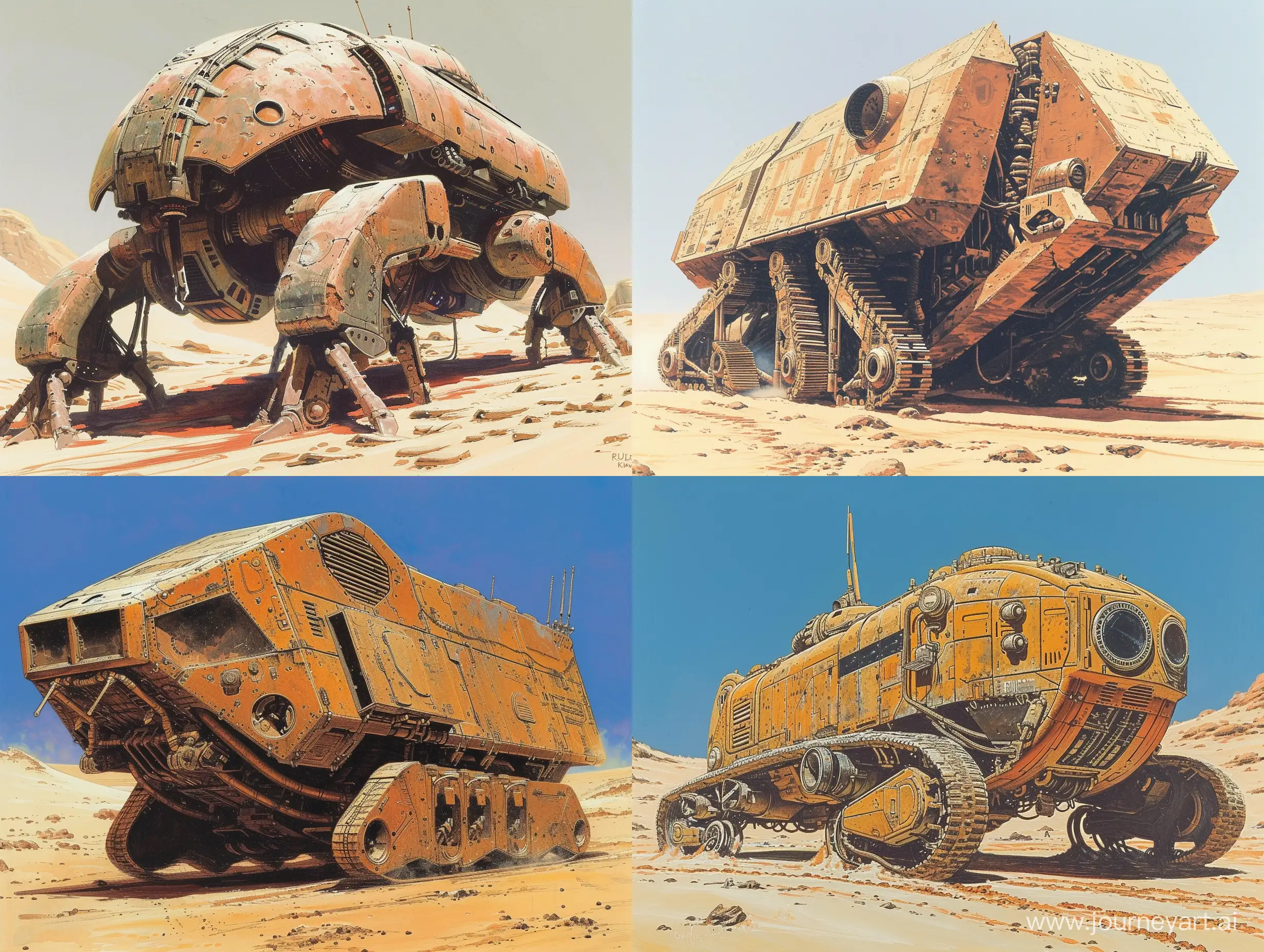 Concept art of a sandcrawler from Jodorowsky's Dune by Ralph McQuarrie. Dune. Retro Science Fiction Art style. in color.


