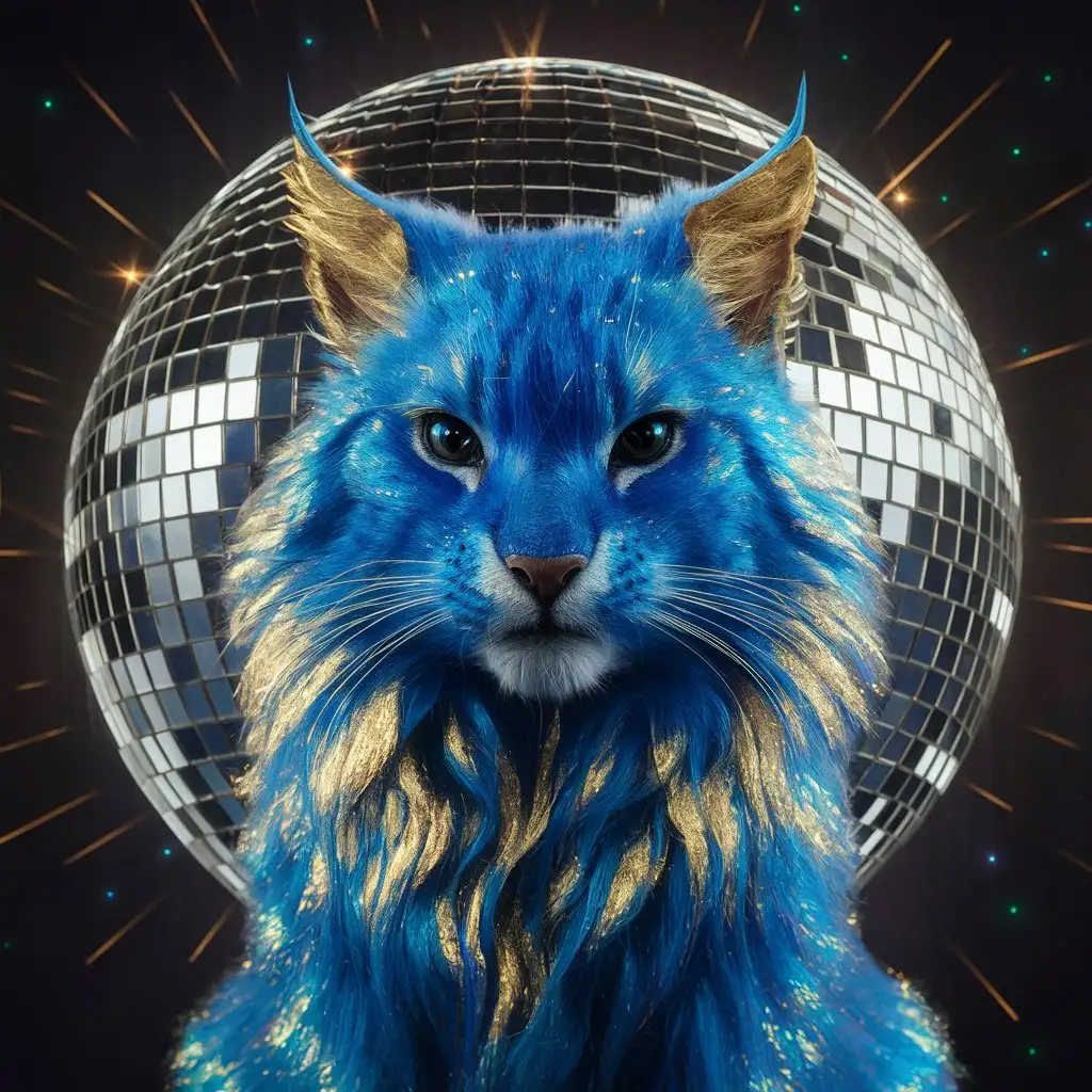 create a mix between a majestic blue feline and a disco ball