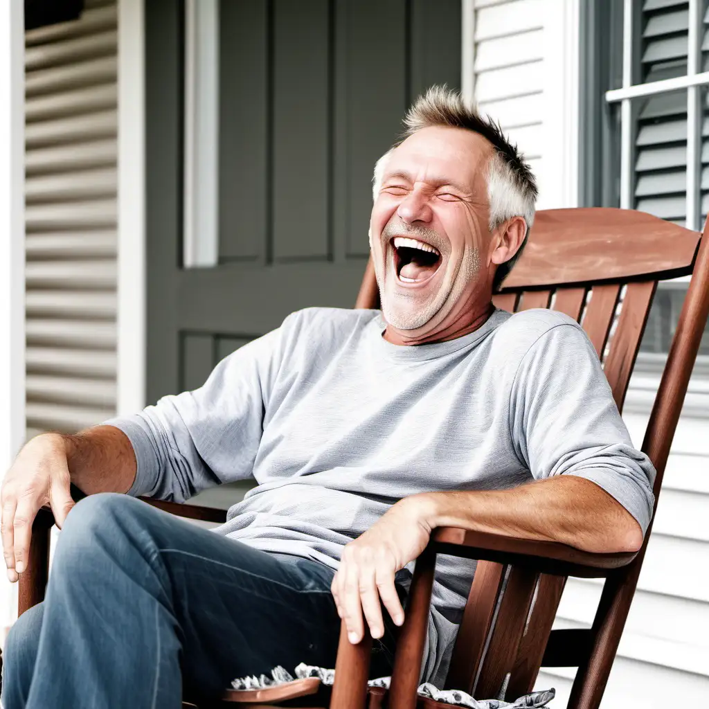 Joyful White Man Enjoying Laughter on Porch Rocking Chair