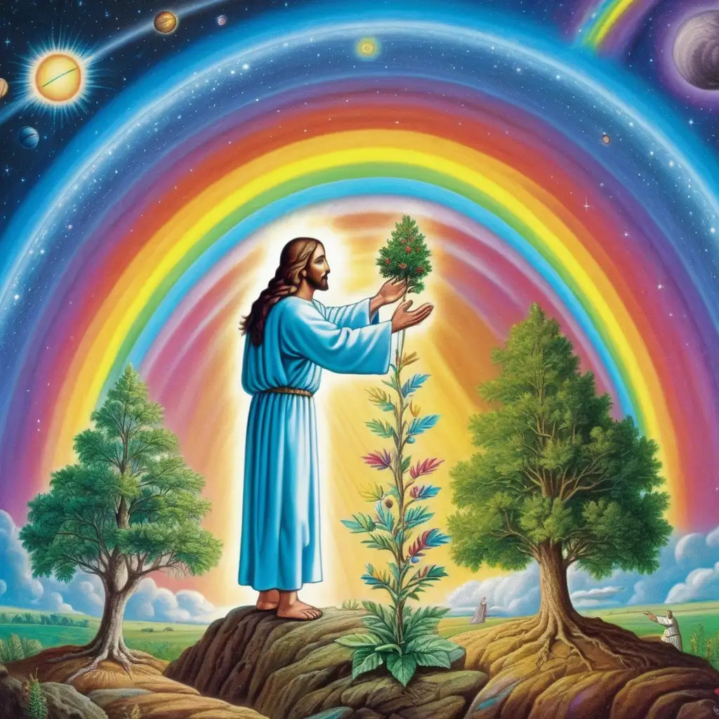 Divine Creation Jesus Planting a Cosmic Rainbow Tree