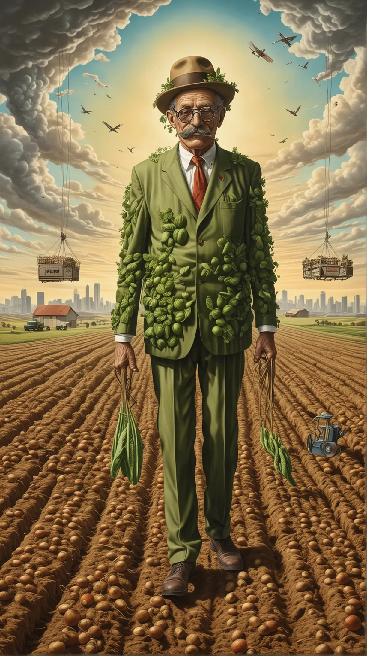 surrealist artwork showing capitalist system is incompatible with sustainable agriculture