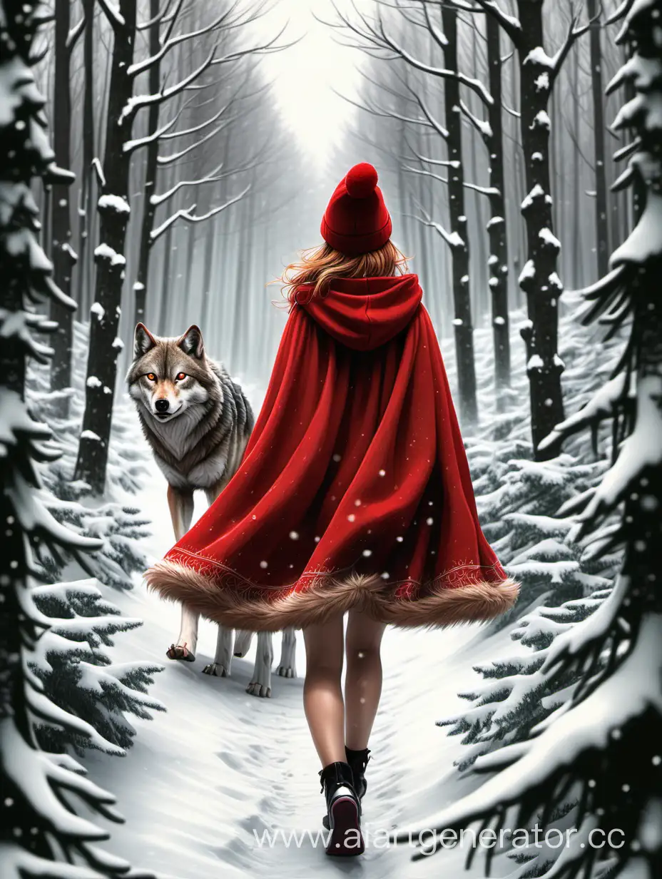 Нарисуй изображение современной красной шапочки которая идет зимой в красивой меховой накидке и красной шапке в лес. Мы видим ее спину, голова повернута к зрителю. На фоне лес с припорошенными снегом елками, из-за кустов в далике выглядывает волк. 