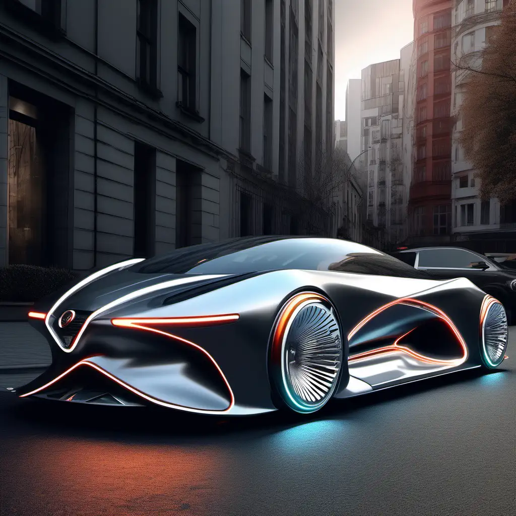 Design a graphite grey car with aerodynamic lines, infrared LED lighting and futuristic aesthetic, color chrome 35 mm Make it exciting and exclusive and place it on a busy city street 