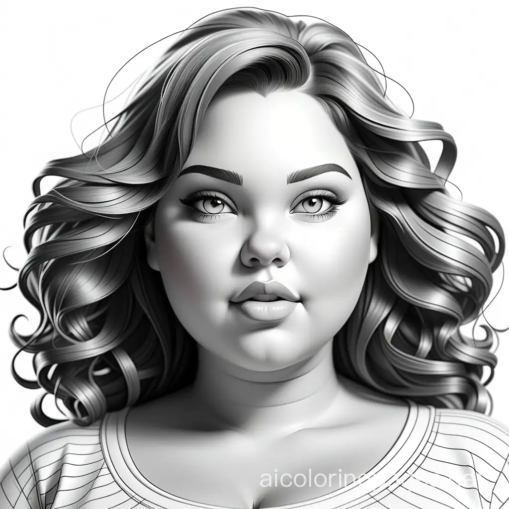 realistic plus size model portrait, Coloring Page, black and white, line art, white background, Simplicity, Ample White Space. The background of the coloring page is plain white to make it easy for young children to color within the lines. The outlines of all the subjects are easy to distinguish, making it simple for kids to color without too much difficulty