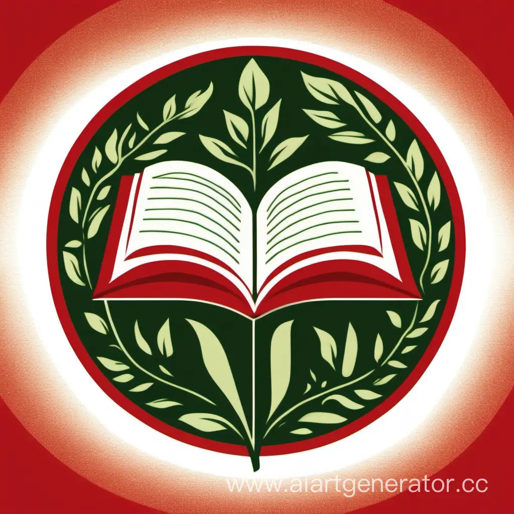 The symbol is made in the form of a square inside which is a white circle with a wide red outline, inside the circle there is a large open book and a couple dancing on the book, along the contour of the circle are green laurel leaves