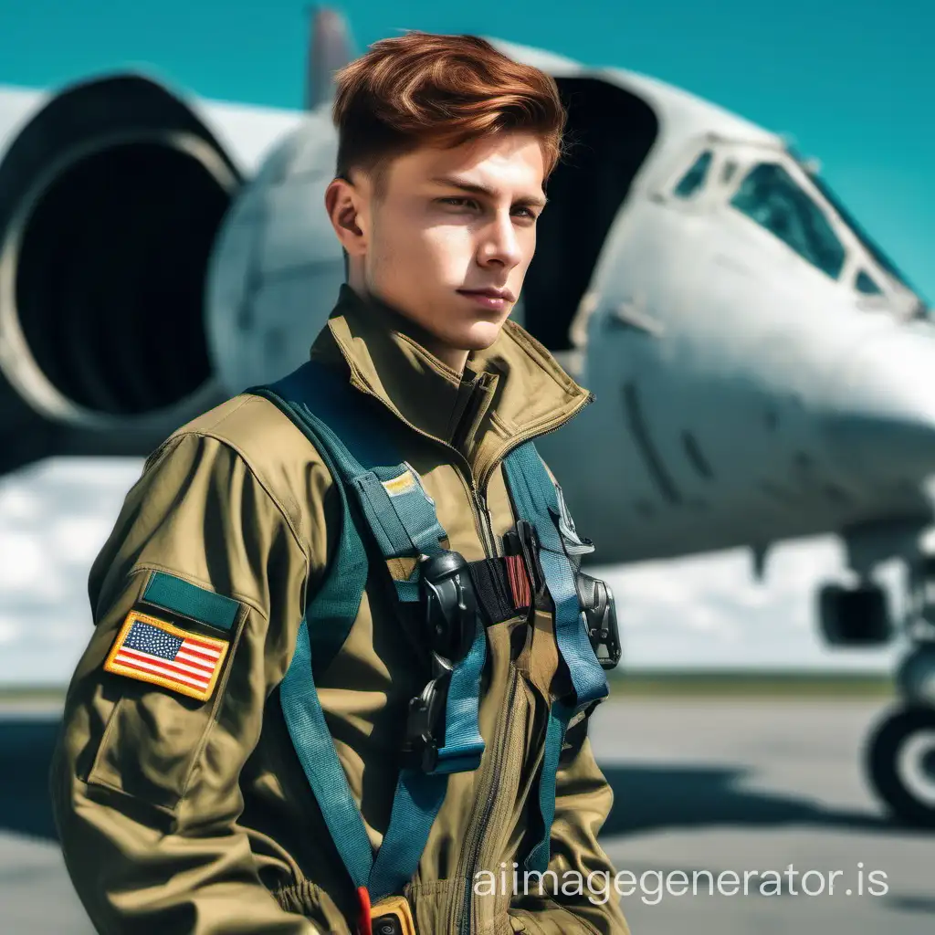 Молодой человек с каштановым волосом стоит немного в стороне от военного самолета в летном костюме, руки в штанах, красочный образ, 8к, высокое качество, прекрасный вид