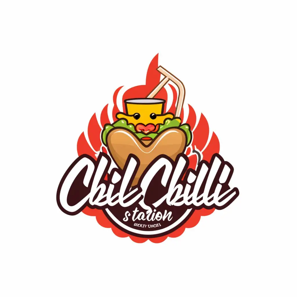 a logo design,with the text 'Chill Chili Station', main symbol:hotdog with a drink, no need to include a chili in the logo. A hot dog and a drink is enough. Make it complex and very captivating,complex,be used in Restaurant industry,clear background. ADD A DRINK TO THIS