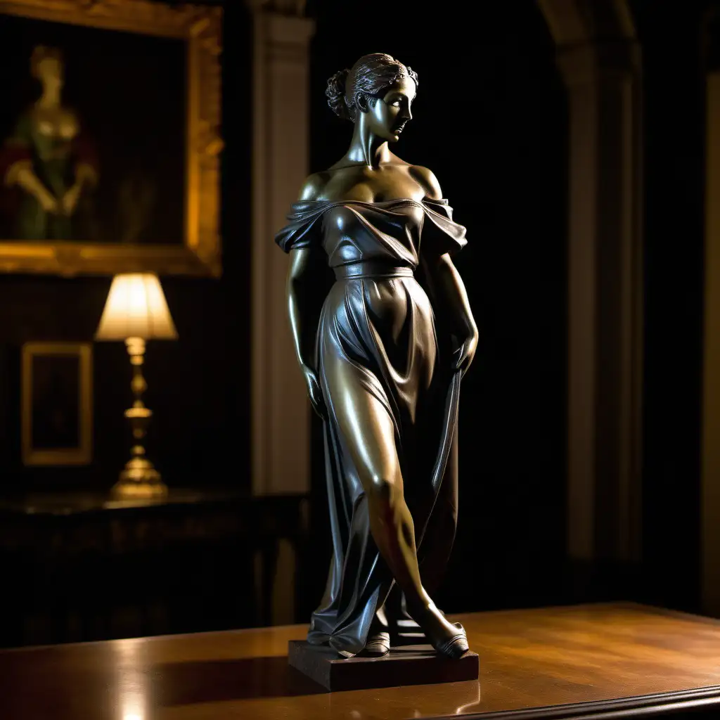 12 inch Bronze statuette of classical clothed woman on a table in a dimly lit room in a large manor house dark at night full shot