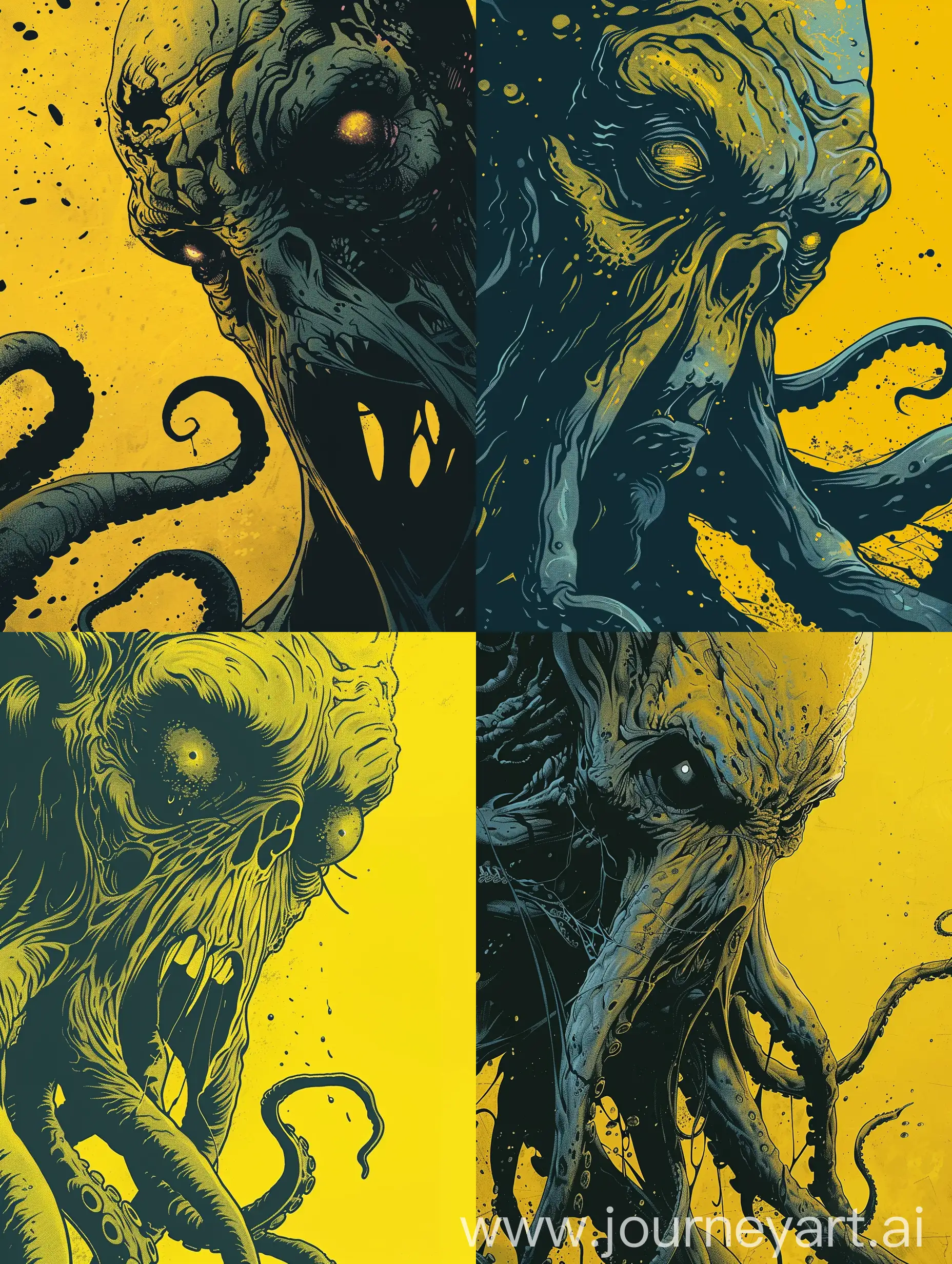 closeup of creepy lovecraftian entity, on a vivid yellow background, comics style