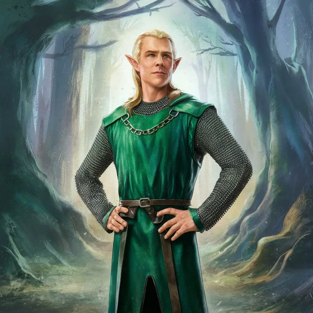 A handsome blond elf who looks like Lee Pace. He is clad in green elven chainmail. Drawn in the style of a hand-drawn advanced dungeons and dragons illustration