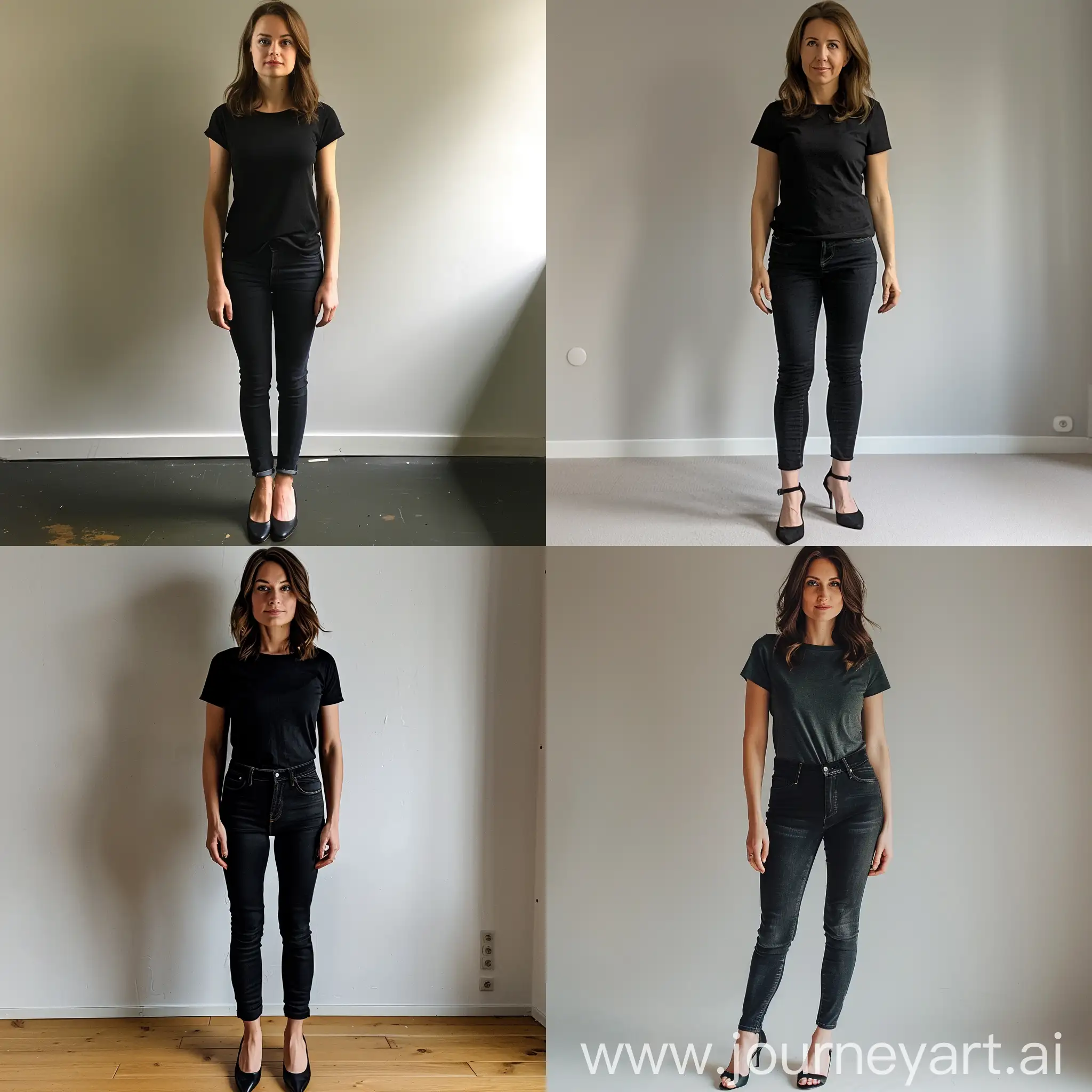 Stylish-Woman-in-Casual-Black-TShirt-and-Jeans-with-High-Heels