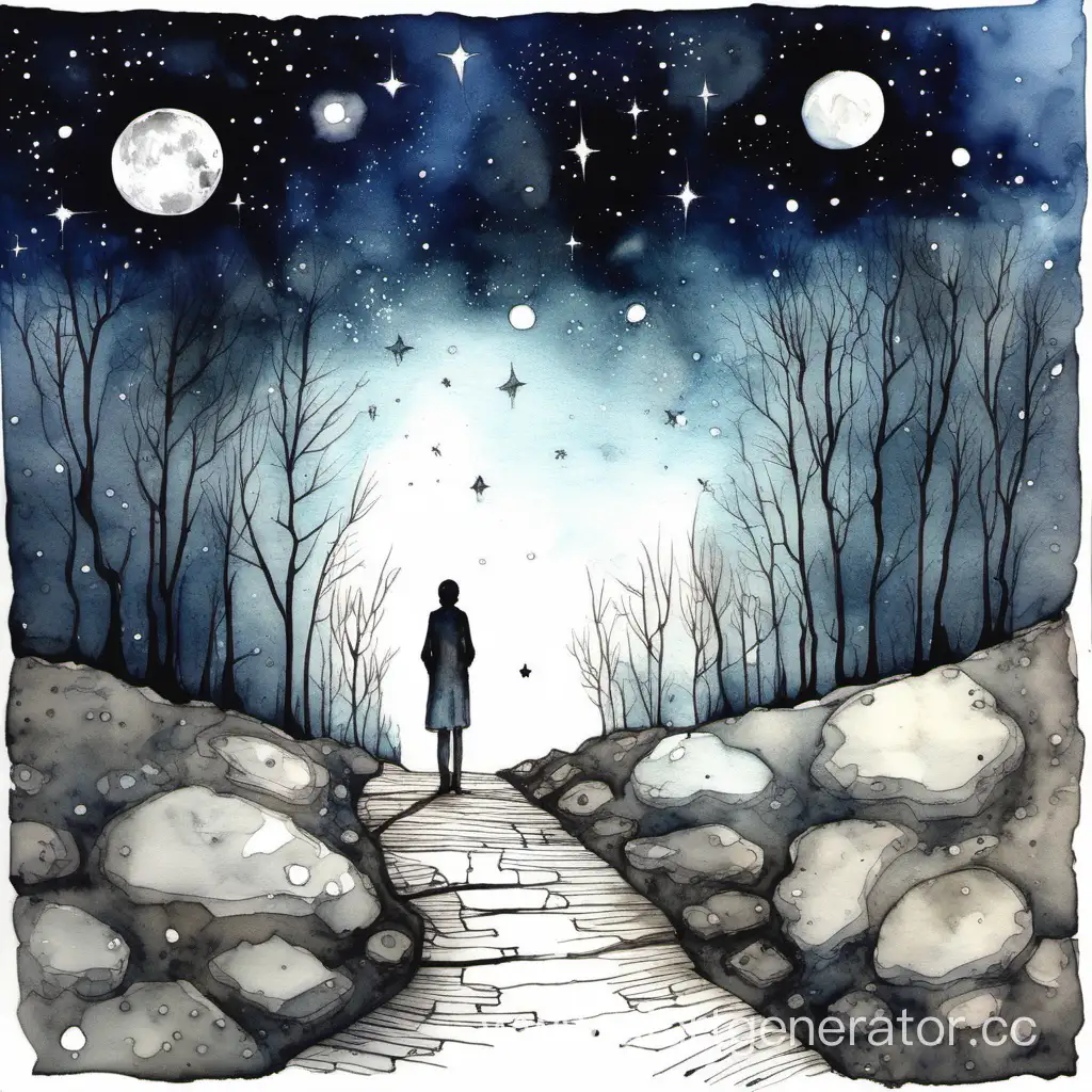 Lonely-Dreamer-Amidst-Distant-Stars-Ink-and-Watercolor-Technique-Artwork