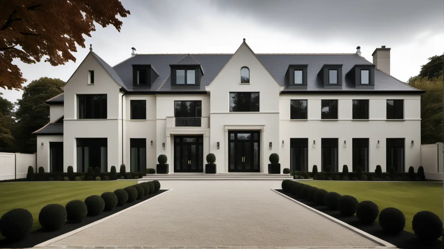 a modern classic and contemporary style large home exterior; ivory, black, oak, limestone;
