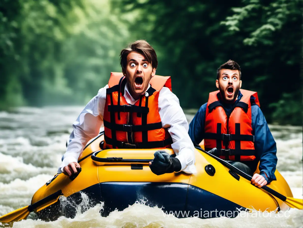 Frightened-Man-in-White-Shirt-on-Rafting-Adventure-with-Life-Jacket