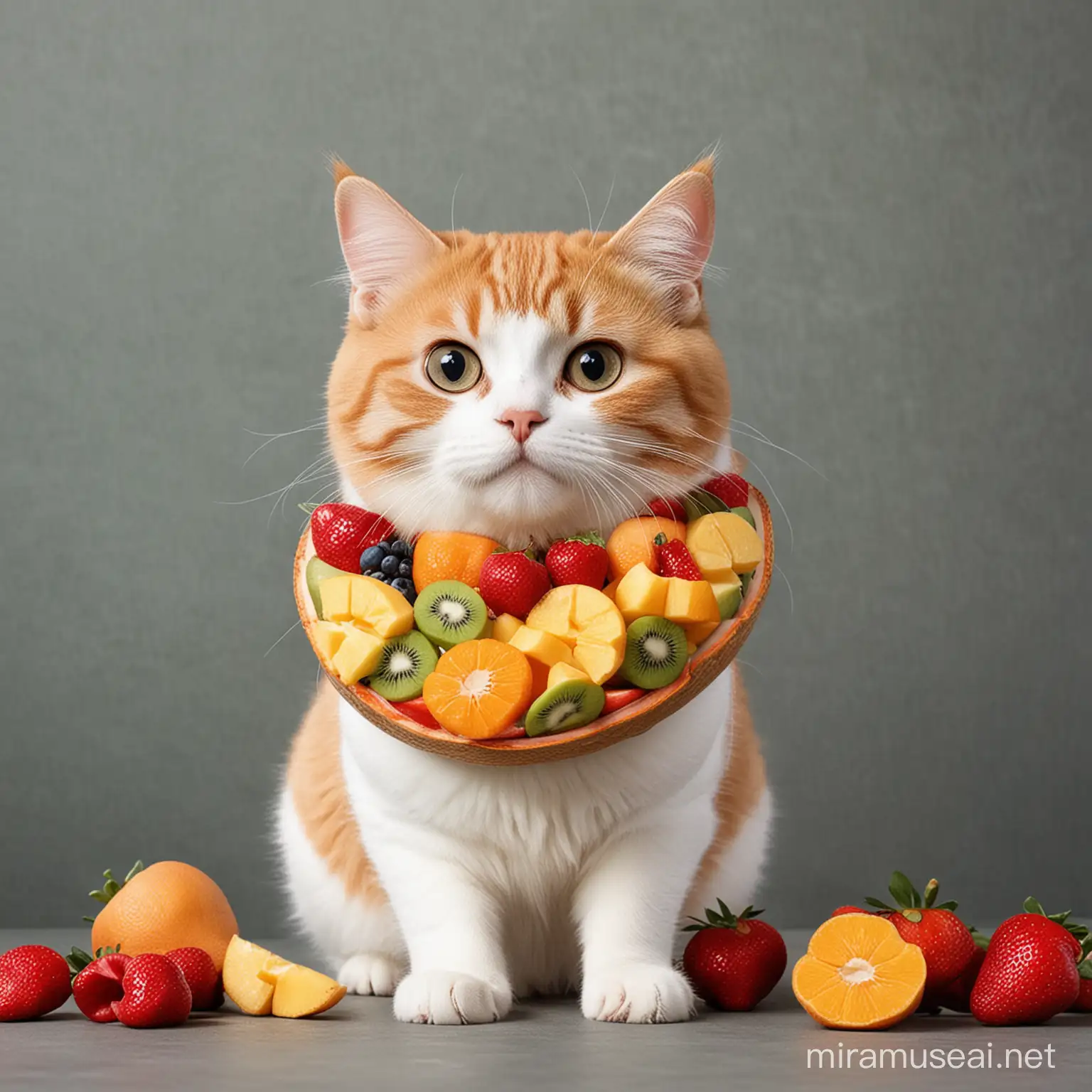 Playful Cat with Colorful Fruit Hat