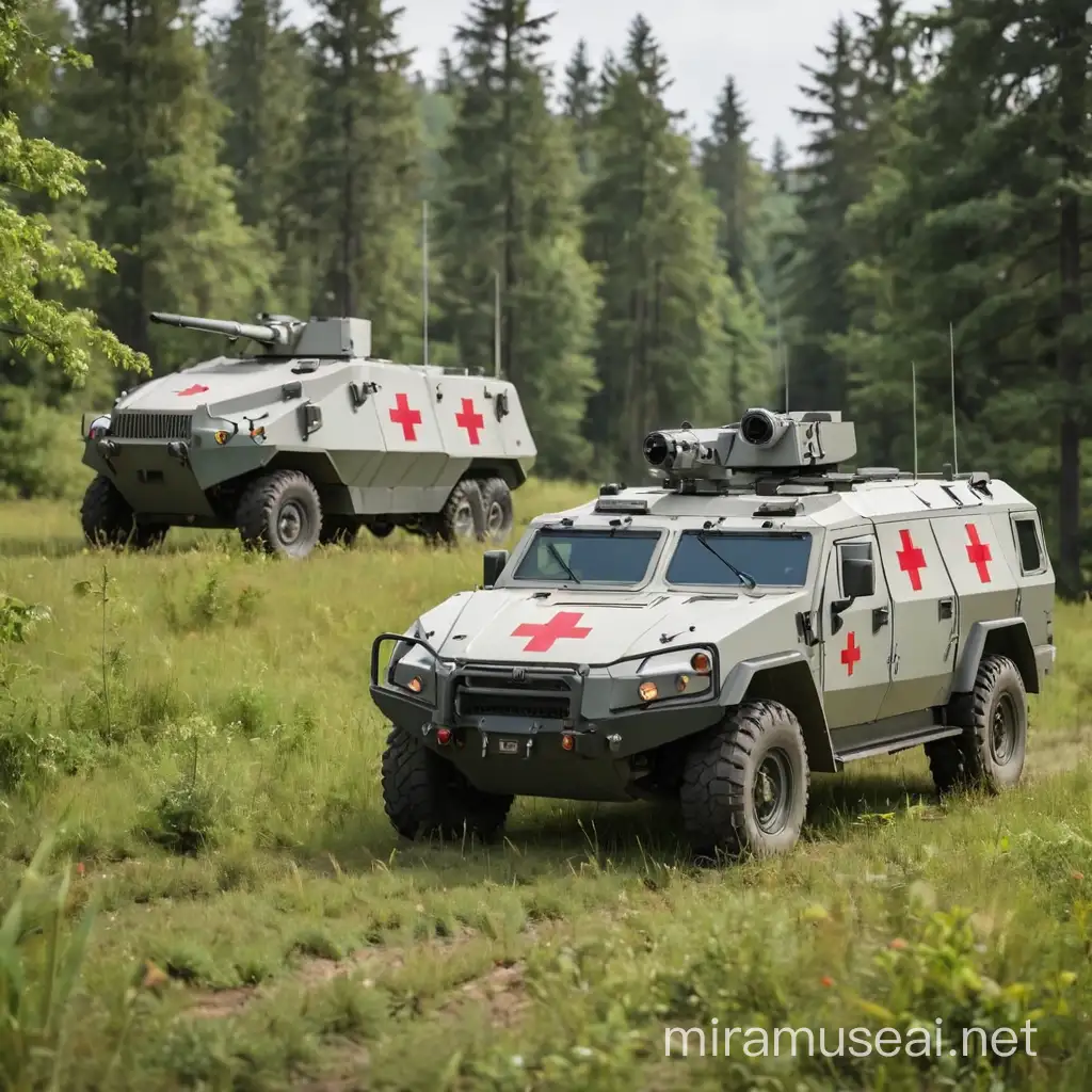Armored Personnel Carrier and Medical Vehicle on Meadow with Forest Background