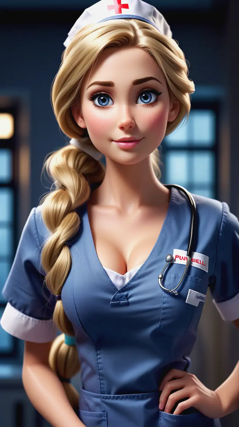 Gorgeous Rapunzel, very attractive face, highly realistic detailed eyes, big breast, perfect body, dark eye shadow, blonde hair in a ponytail, wearing skin tight dark blue nurse scrubs, bokeh background, soft light on face, standing with legs crossed, photorealistic, very high detail, full body length photo, hyper realistic