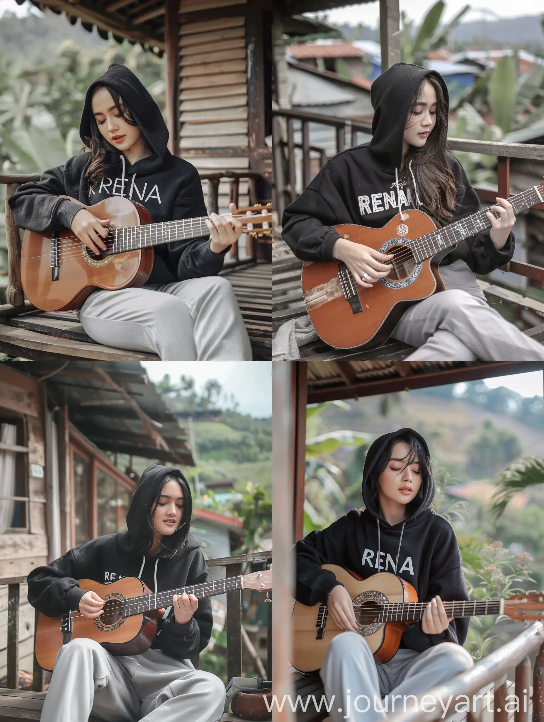 Original and authentic photo of a beautiful 20 year old Indonesian woman, wearing a black hoodie with the word (RENA), light gray trousers, sitting on the terrace of a simple house while playing guitar, HD 16k photo quality clear and bright resolution