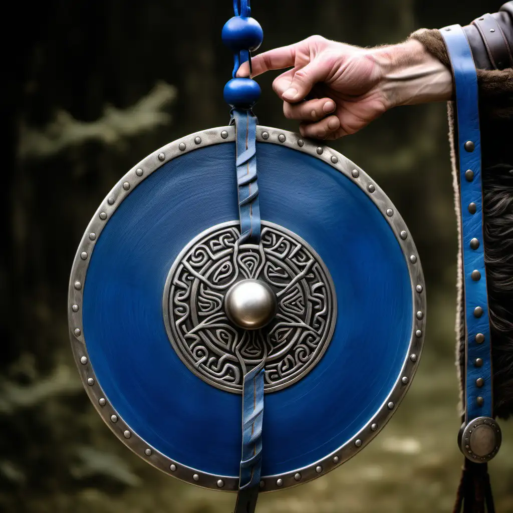 VIKING STYLE SILVER WIND GONG HANGING WITH BLUE LEATHER WITH VIKING HAND HOLDING MALLET