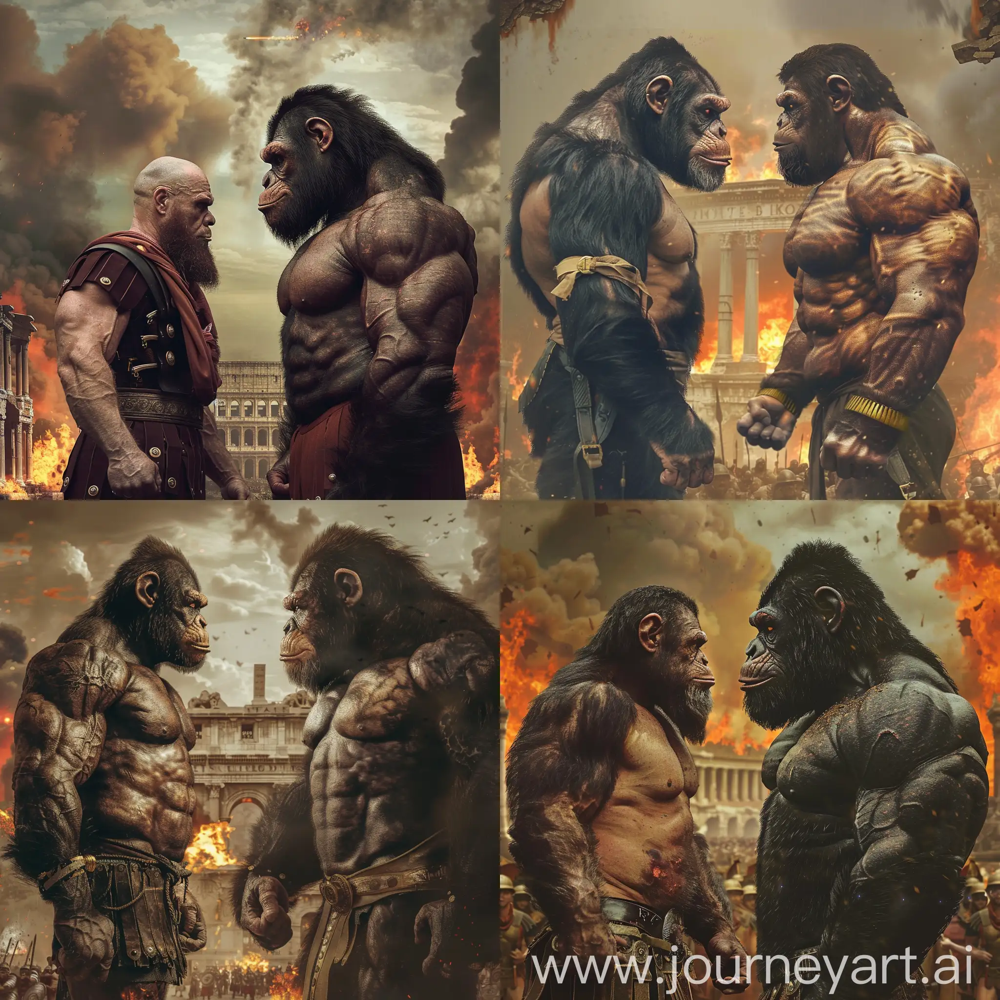 the planet of the apes, François Legault, side view, full body, scruffy unshaven 3-meters-over pumped-strongman in ancient rome's army suit, big porpotions biceps , unshaven , 8-foot-tall-ape natural skin, internatinal-hunky-bodybuilder mix size chilling with his very-giant-sized-bodybuilder-male, enormous swollen enlarged 600-inches-biceps, long humongous arms, oversized thick triceps, enormous forearms, gigantic traps, massive back muscles oversized bulging shoulders, with the Rome fire burning war as the background