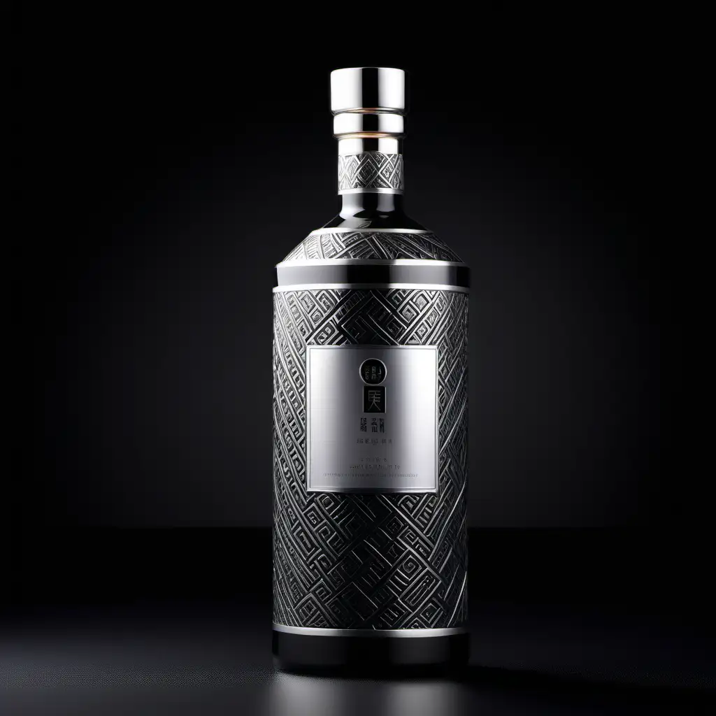 Modern liquor packaging design, high end liquor, photograph images, high details, silver and black ceramic texture, brand name is 玖莼