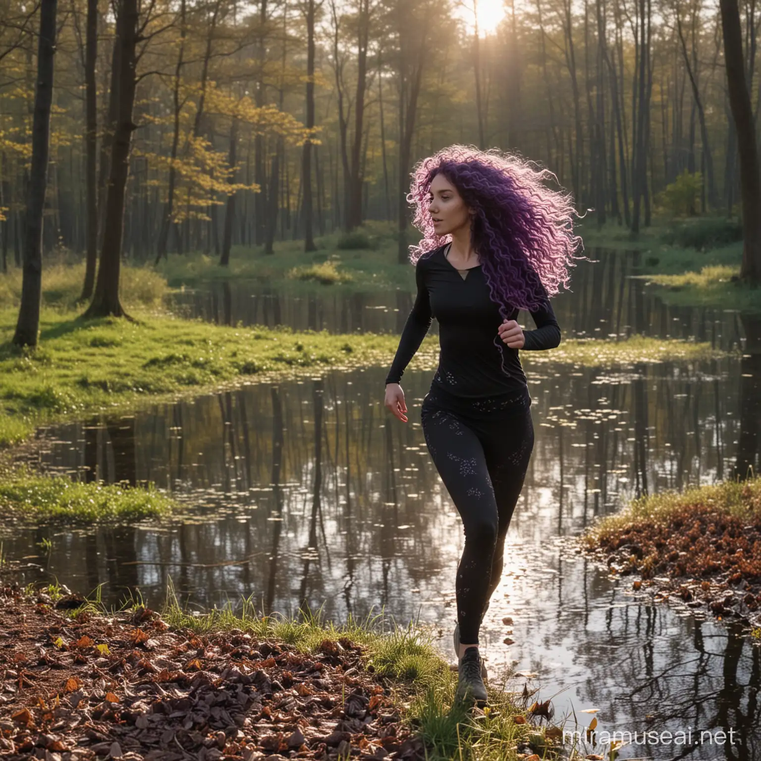 Girl with curly long purple hair, black unicorn, forest glade, forest lake, running, spring leaves on trees, early morning
