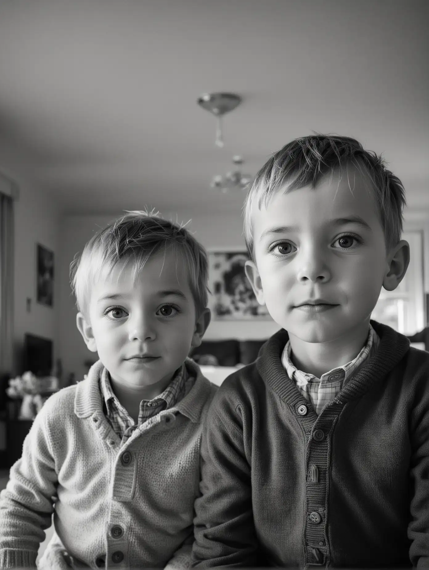 Twin Boys Dreamy Gaze in Cozy Black and White Living Room