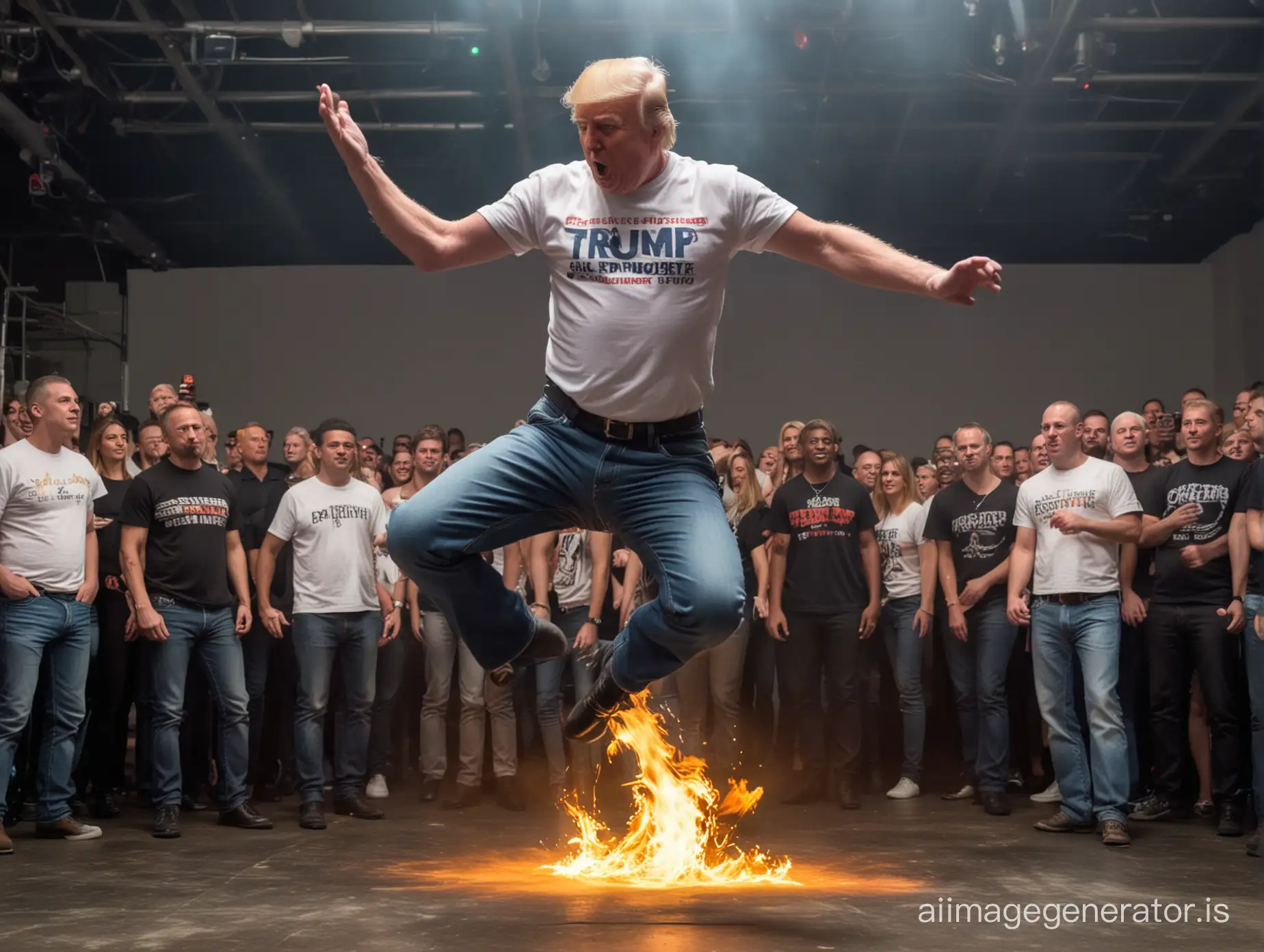 Donald Trump in Techno Club with T-Shirt and Jeans tries fire acrobatic at the dancing area