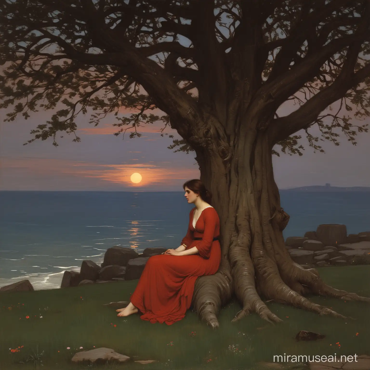 Muse sitting by a large tree at twilight..[ John William Waterhouse}