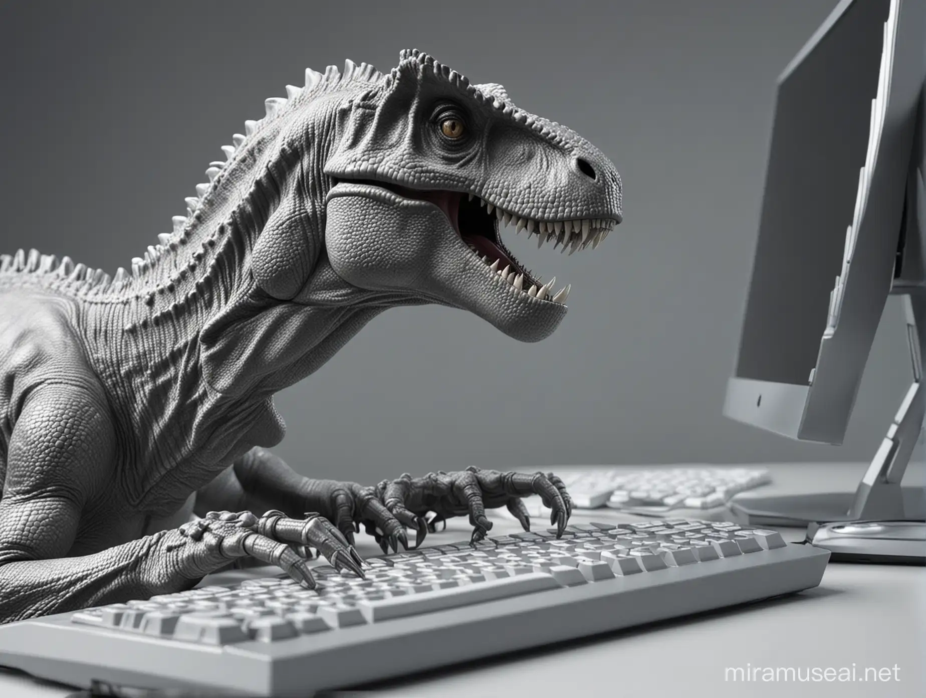 16k, super detailed, anthropomorphic Dinosaur T-rex sitting at Mac computer, one paw on keyboard, background futuristic office in silver tones