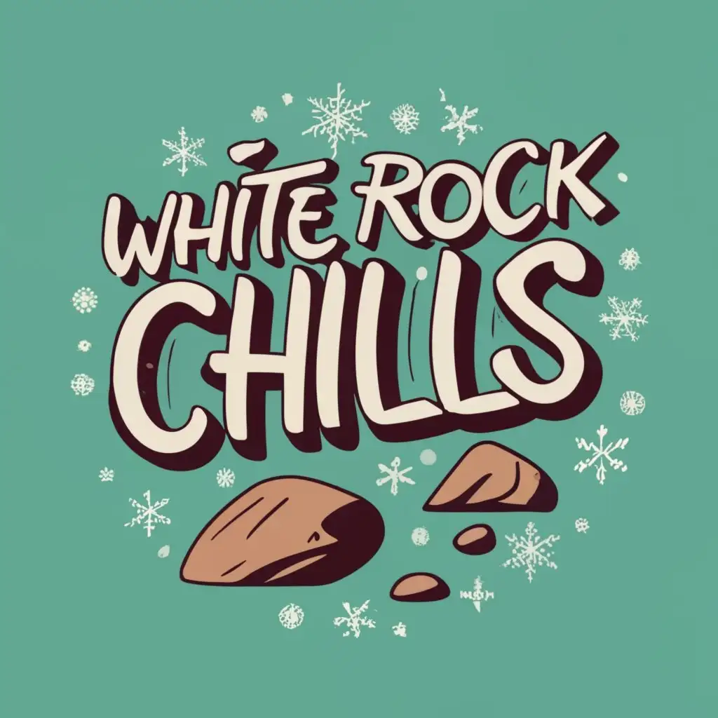 logo, snowflake and rocks, with the text "white rock chills" all in white, typography