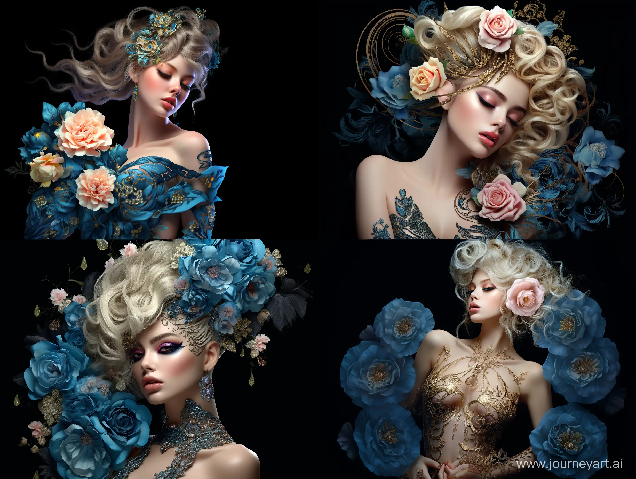 Beautiful realistic girl, bright makeup, complex high hairstyle with fancy flowers, body made of peonies and roses, lace, crystals, complex poses, symbiosis, body art, wind fractal, golden thread, blue haze, surrealism, stylization, black background, full height , realistic, high detail, rich colors