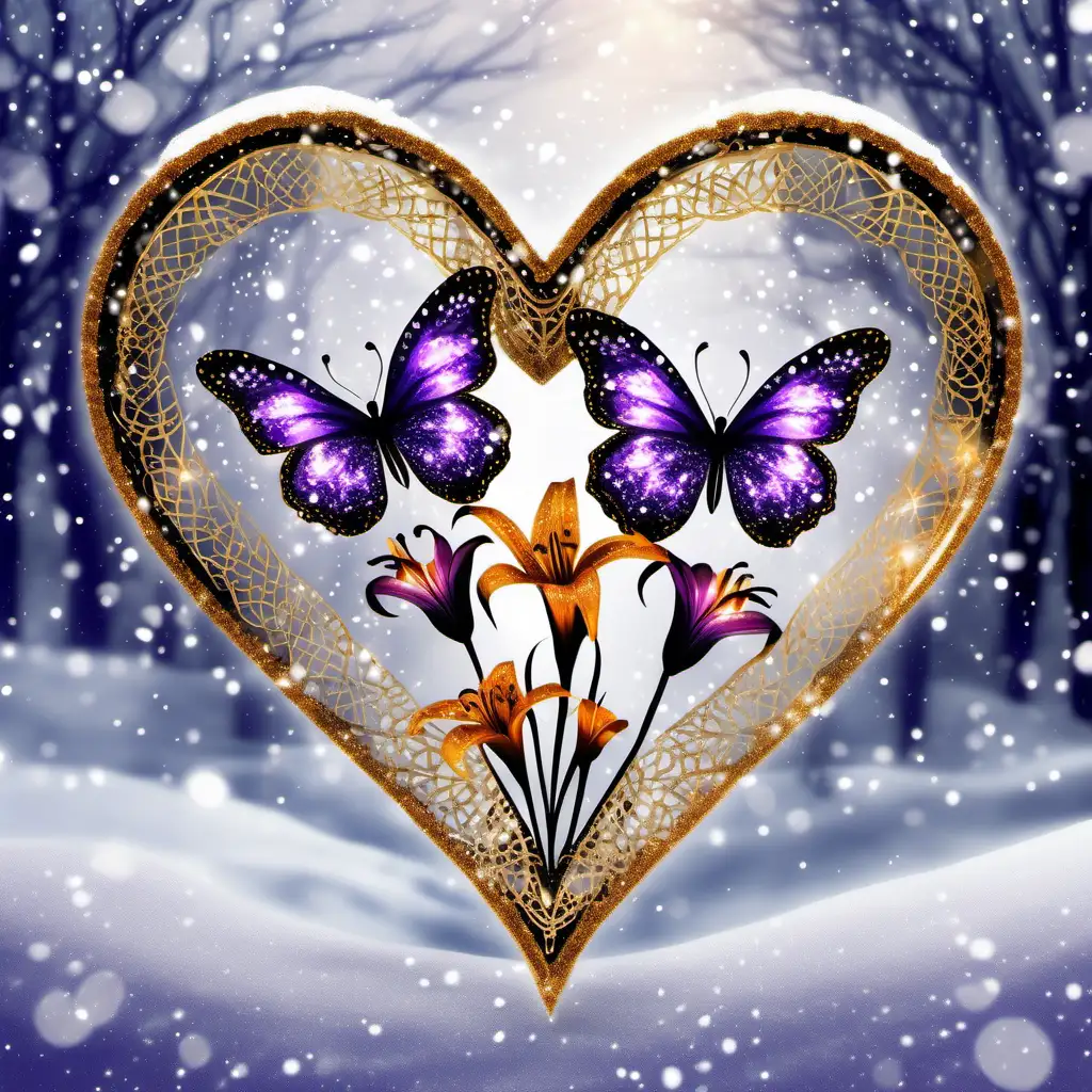 Glitter glowing triple hearts , with  tiger lily flowers, in a snowy glistening winter background, one beautiful delicate lacey glistening butterfly, glitter, gloving, transparent, dark purple, Black and gold
