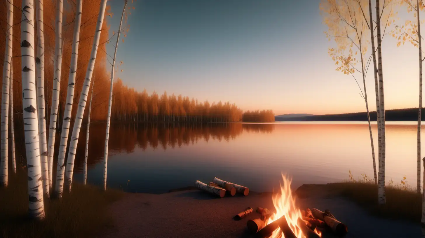 soft and calm feelings. a lake at a sunset, birch trees growing next to a campfire