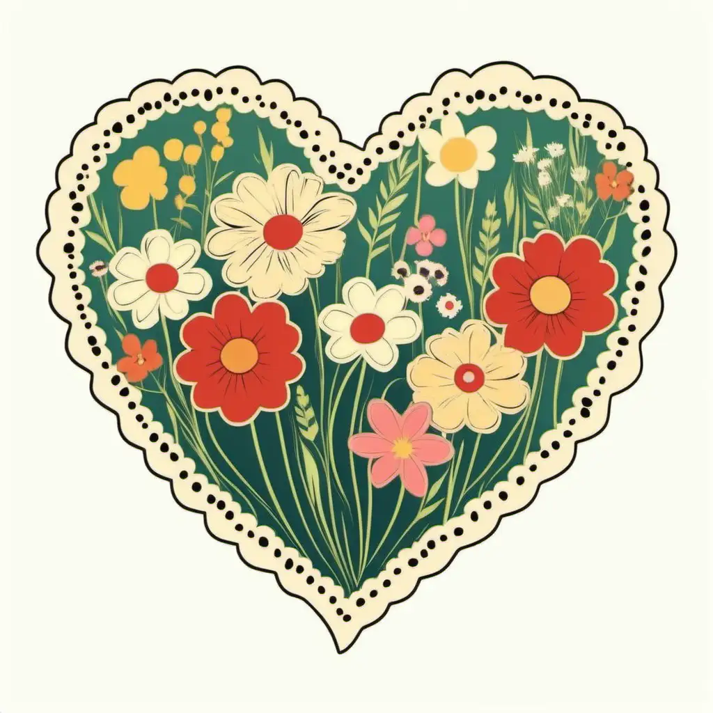 retro Scalloped  heart clipart with wild flowers inside on white background