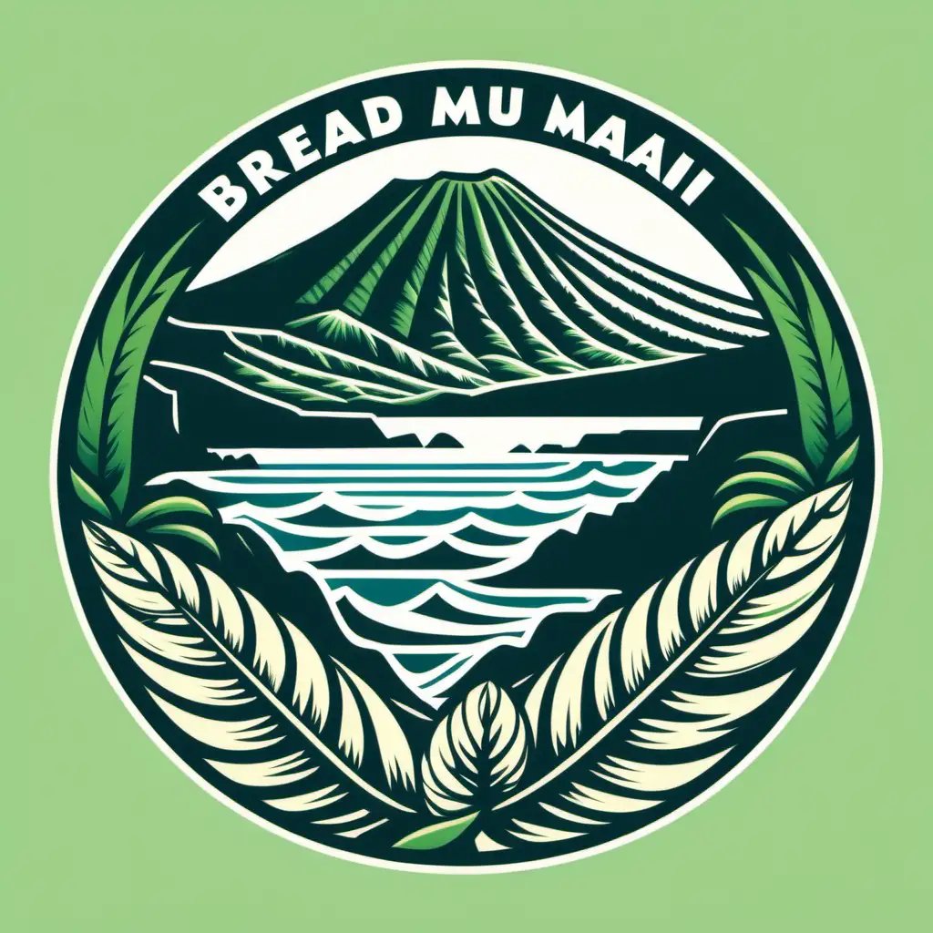 create a logo with silouette of islands of Maui, Molokai and Lanai
, cultural images of breadfruit and taro in foreground, ocean and gentle mountains, 1-2 colors,green, block print technique, circular logo, no copy/type on logo, taro leaves in foreground on bottom, no words on logo, little less mountains, round logo, less mountains in water, no letters, words on logo. white background, circle logo, get rid of mountains in foreground put west maui mountains instead



