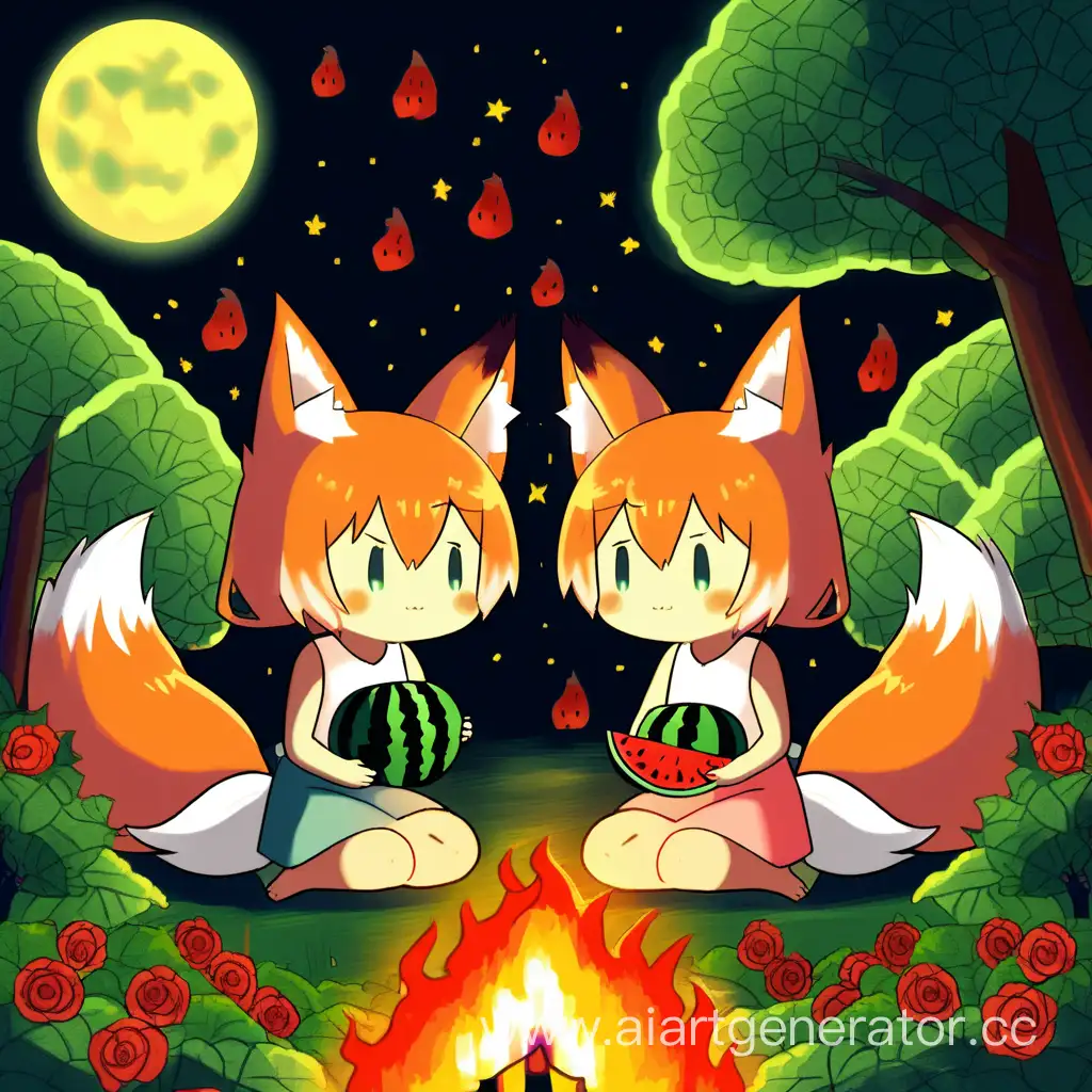 Two-Foxes-Enjoying-Moonlit-Firelight-in-the-Watermelon-Forest