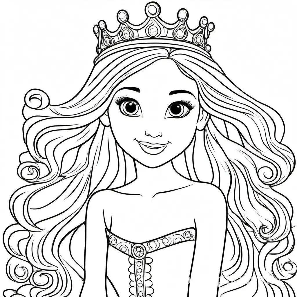 princessbrusing her hair.full picture, Coloring Page, black and white, line art, white background, Simplicity, Ample White Space. The background of the coloring page is plain white to make it easy for young children to color within the lines. The outlines of all the subjects are easy to distinguish, making it simple for kids to color without too much difficulty