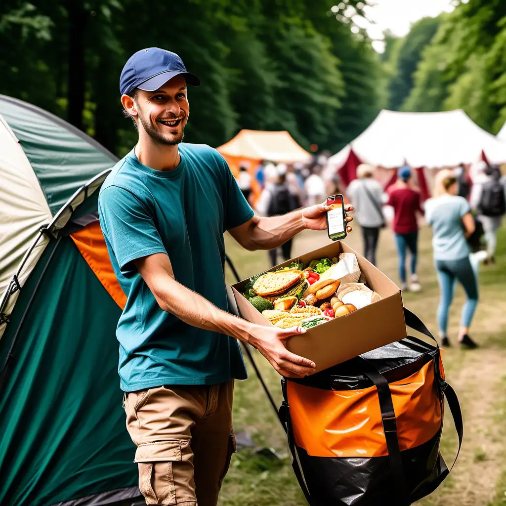 a food delivery person on a festival camping delivering food to festive people, summer weather