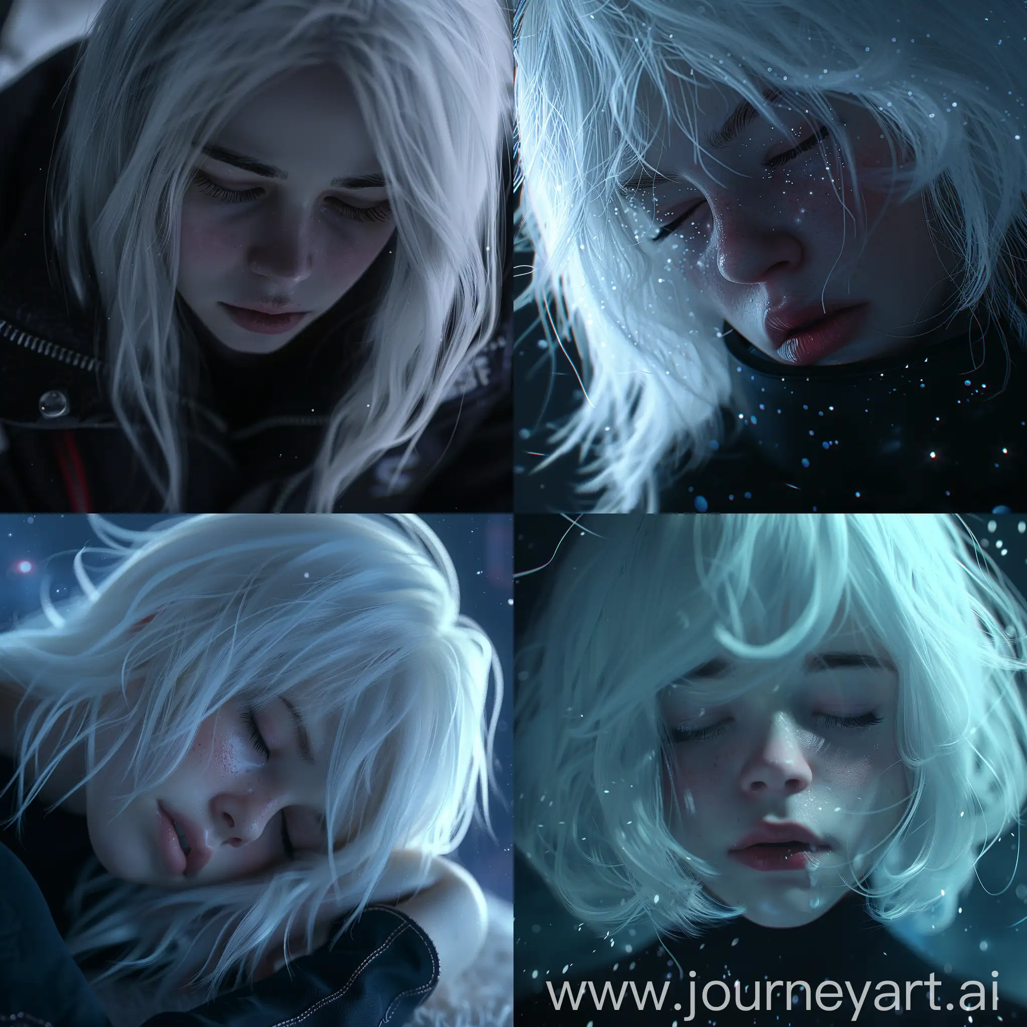 Ultra qualitiy, Ultra realistic, Sad girl in space, White hair, 8K, good ligth, Sad, lonley