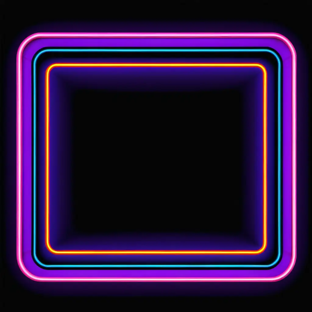 make a rectangle frame whose border has the orgy, neon and UV black light colors and mixed up, the colors lines are rounded encircled with each other. giving a 3d realistic view, the interior of the frame is empty the color of the background is dark black