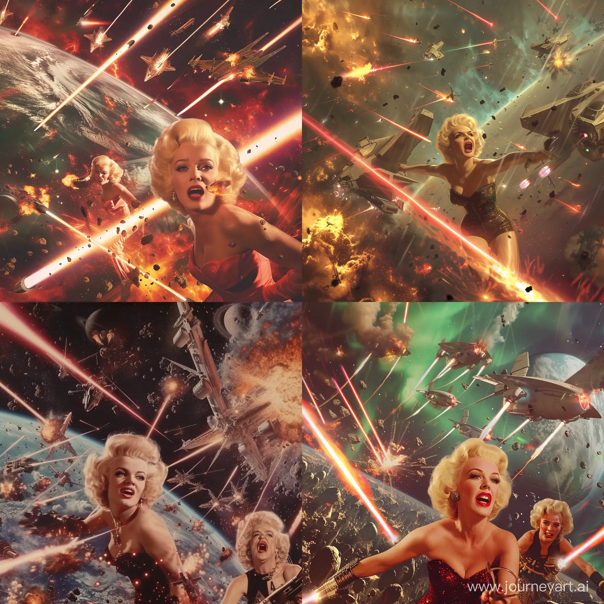  Marilyn Monroe in an epic space battle with many space ships and lasers and explosions with two female space pirates, dramatic