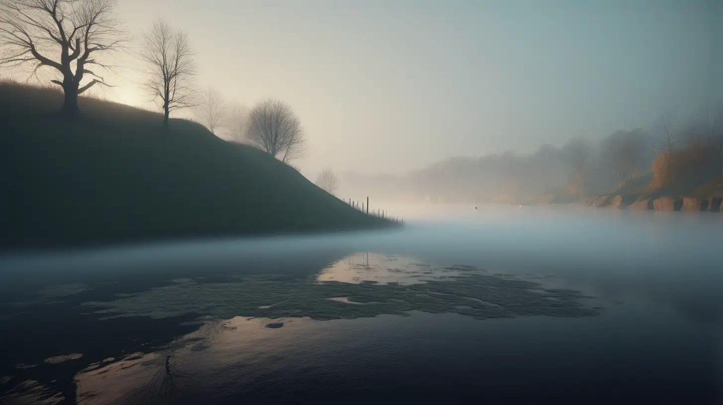 Pequeño monticulo en un río,niebla, siglos XVI, imagen ultra realista, iluminación cinemática,alta definición,8k