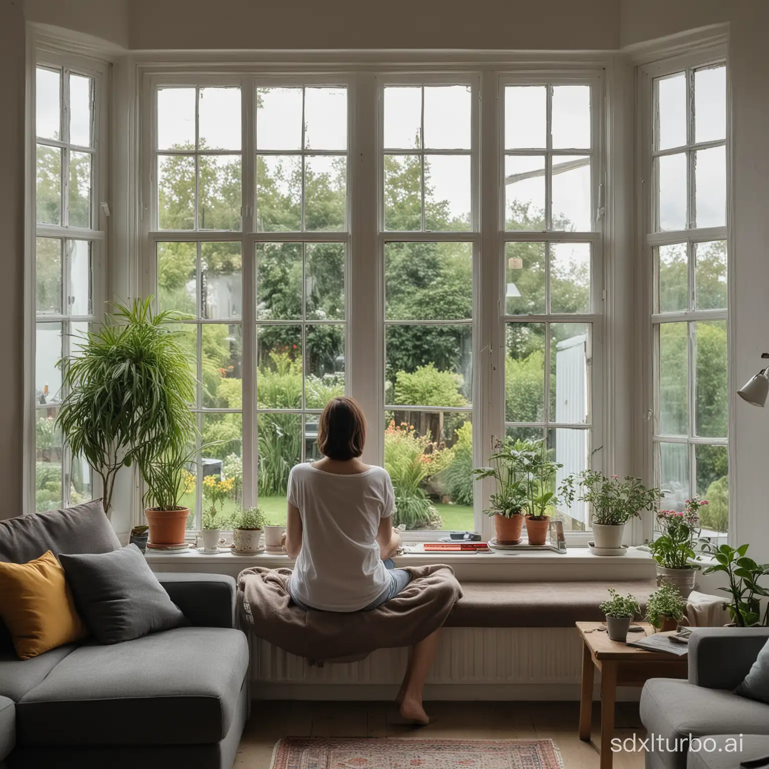 a woman sitting in her livingroom in front of a window, looking outside into the garden