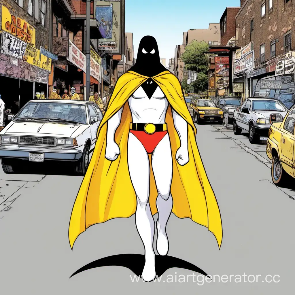 real space ghost, actress, white tights, white spandex, white gloves, black mask, yellow cape, black belt, street