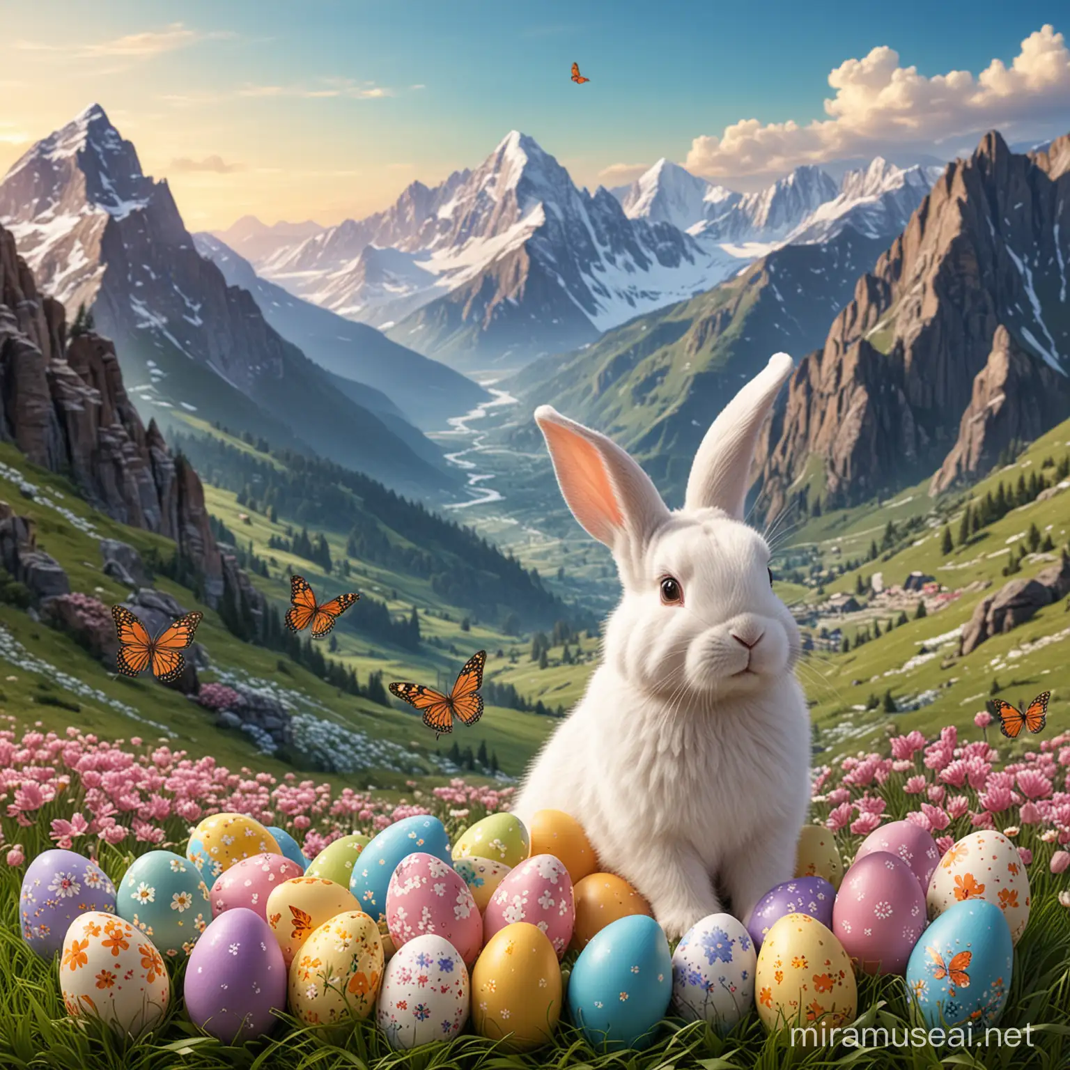 easter bunny, easter eggs, mountains in the background, butterflies