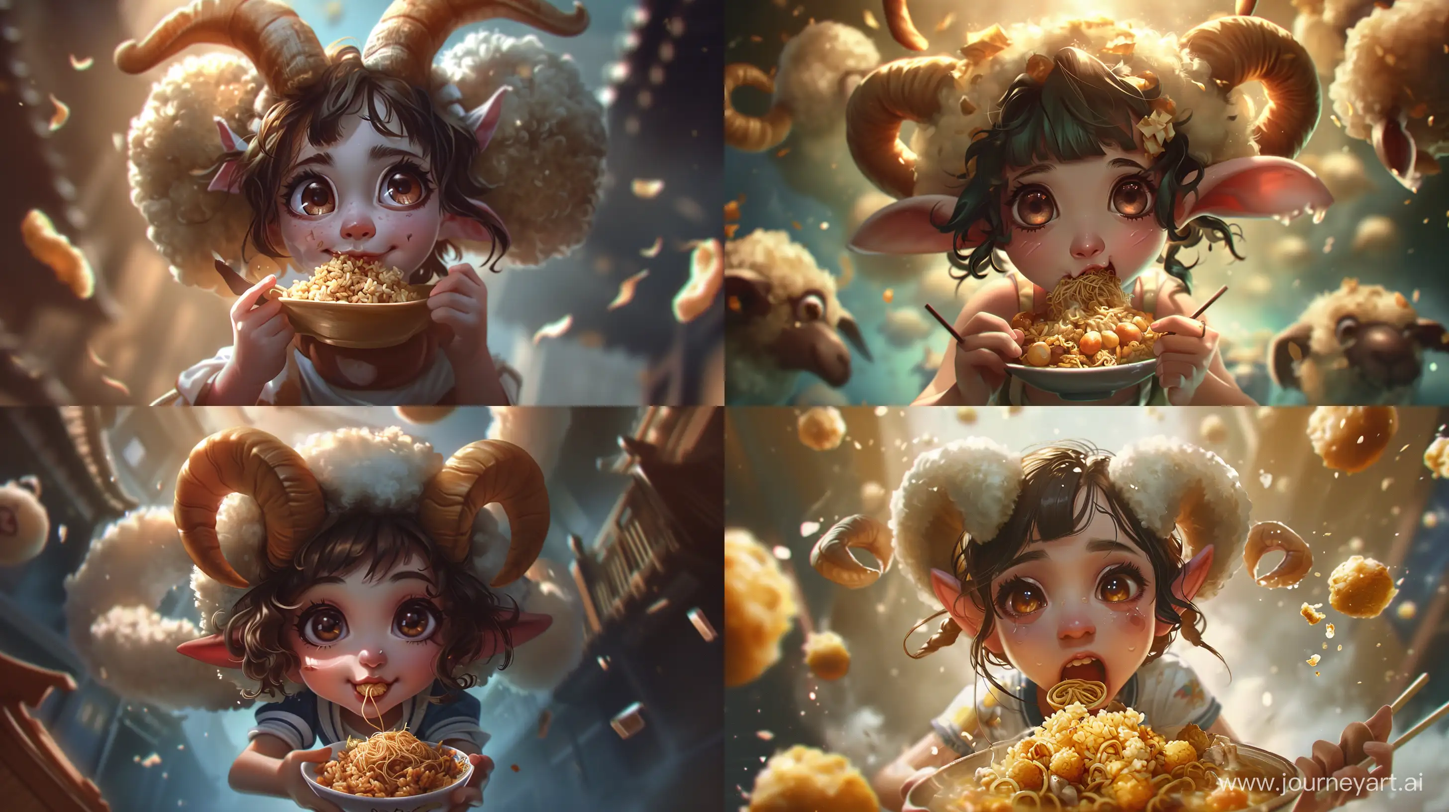 Hungry-Anime-Character-with-Sheep-Horns-Enjoying-Ramen-Fried-Rice