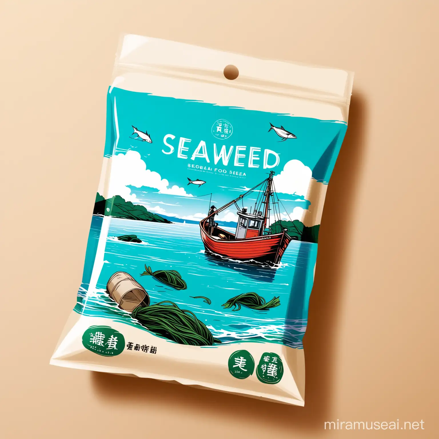 海带食品包装袋，包装袋上的插画有一只小渔船、大海、天空。不要有房子