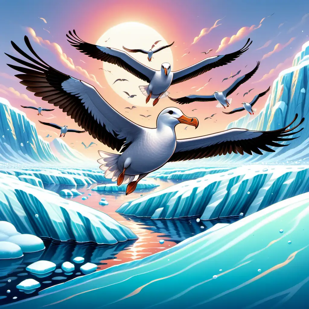 Illustration, kawaii style, Antraktis
Titel: Die majestätischen Albatrosse
Illustration: Einige Albatrosse gleiten elegant über die eisigen Gewässer der Antarktis, ihre imposanten Flügel ausgebreitet. Einige tauchen gelegentlich ins Wasser, um nach Fischen zu suchen, während andere hoch in den Himmel steigen.